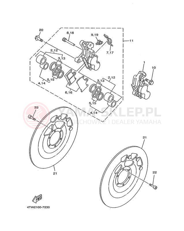 Schemat "Zacisk hamulcowy + tarcza przód" do Yamaha TZ250L