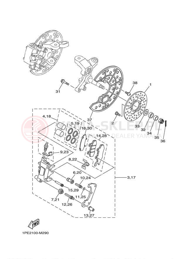Schemat "Zacisk hamulcowy + tarcza przód" do Yamaha RAPTOR 700 YFM7RDW