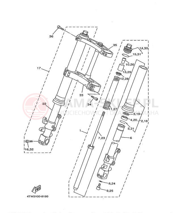 Schemat "Amortyzatory przód" do Yamaha TZ250L