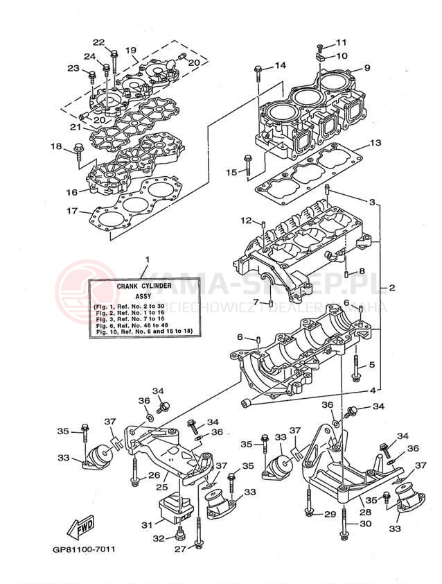 Schemat "cylinder, obudowa silnika" do Yamaha WAVE RUNNER GP1200 GP1200W