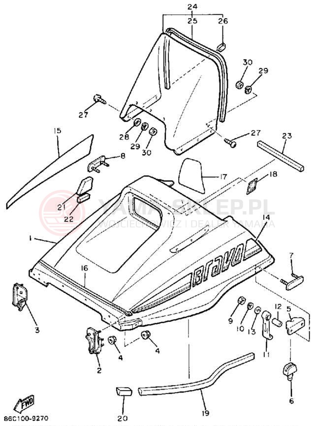 Schemat "SHROUD - WINDSHIELD" do Yamaha BRAVO T (LONG TRACK) BR250TN