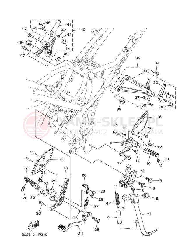 Schemat "Stopka postojowa i podnóżki" do Yamaha YZFR3 YZFR3FL/YZFR3FR/YZFR3FB