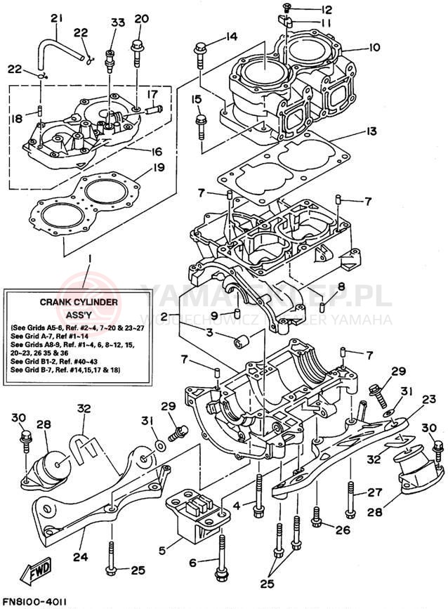 Schemat "cylinder, obudowa silnika" do Yamaha WAVE BLASTER WB700T