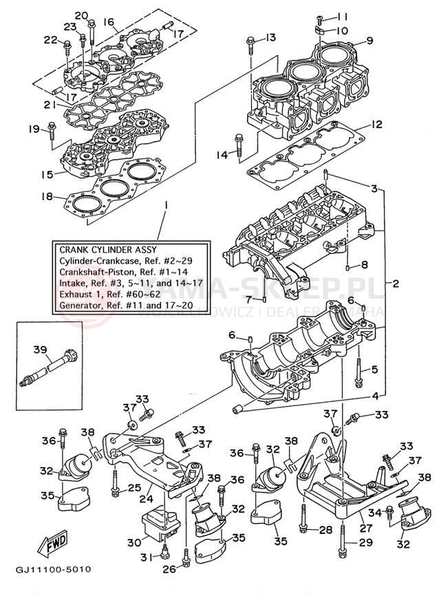 Schemat "cylinder, obudowa silnika" do Yamaha WAVE RAIDER 1100 RA1100U