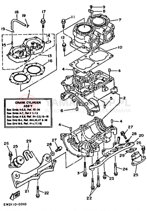 Schemat "cylinder, obudowa silnika" do Yamaha SUPER JET SJ650P