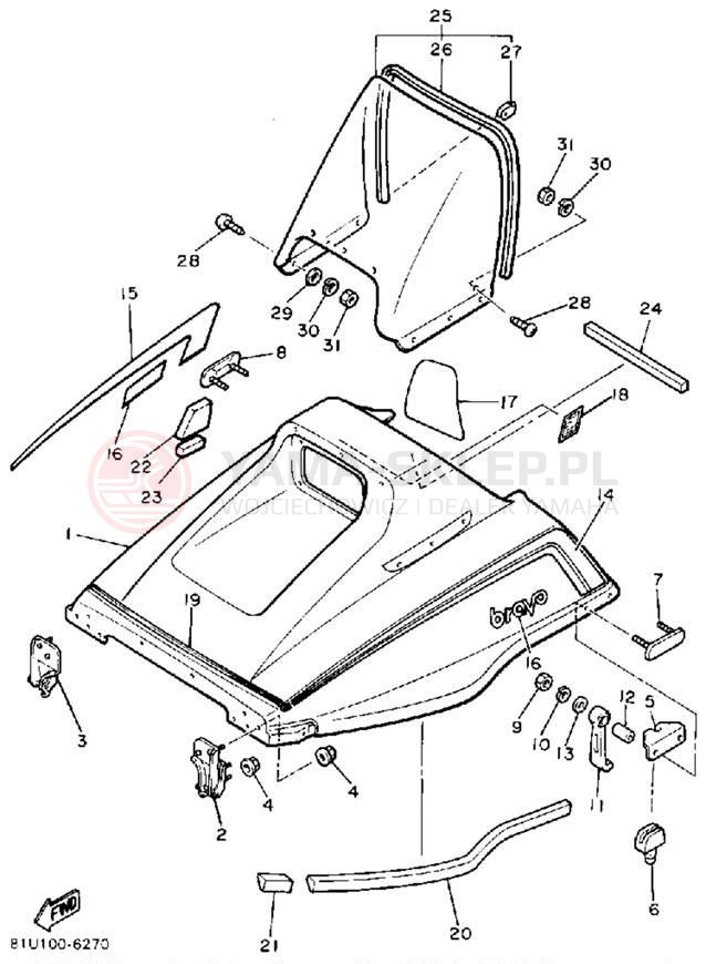 Schemat "SHROUD - WINDSHIELD" do Yamaha BRAVO T (LONG TRACK) BR250TL