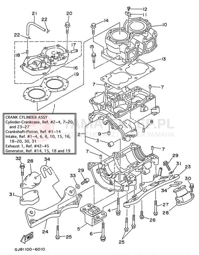 Schemat "cylinder, obudowa silnika" do Yamaha WAVE RAIDER 700 RA700BU