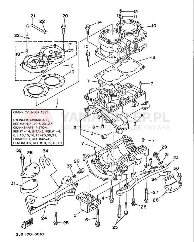 Schemat "cylinder, obudowa silnika" do Yamaha WAVE RAIDER 700 RA700BV