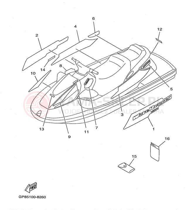 Schemat "Naklejki" do Yamaha WAVE RUNNER GP1200 GP1200W