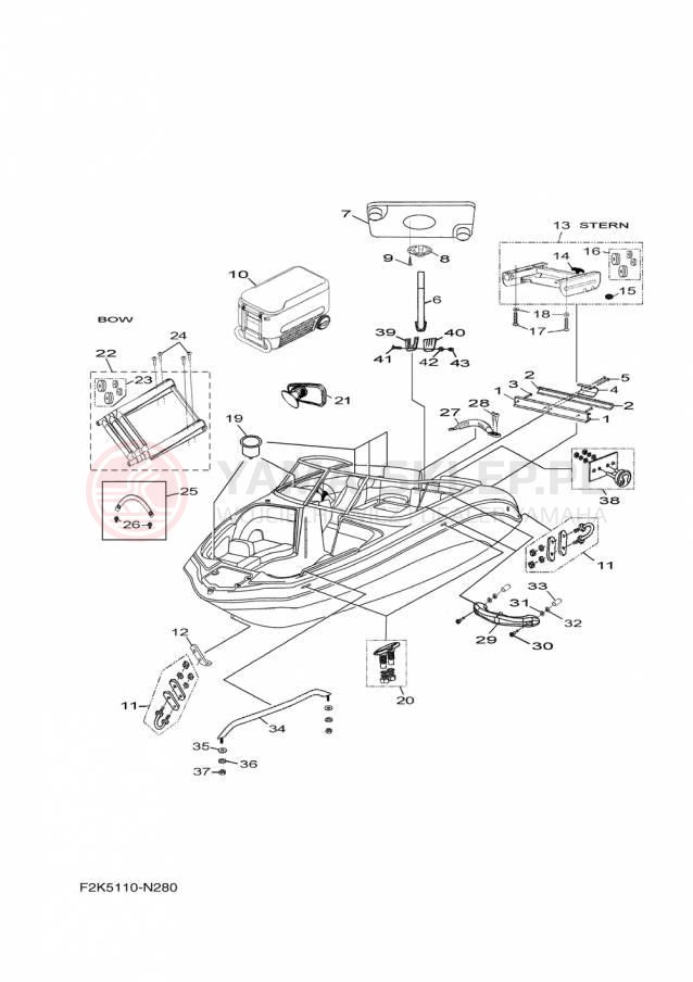 Schemat "HULL DECK FITTINGS" do Yamaha AR210 LAT1100BP/LAT1100AP
