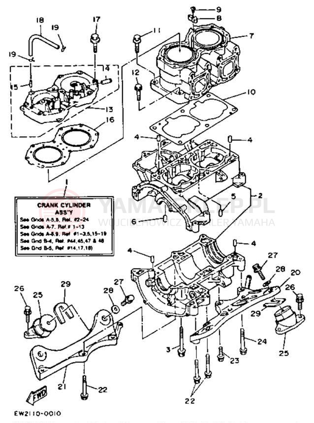 Schemat "cylinder, obudowa silnika" do Yamaha SUPER JET SJ650D