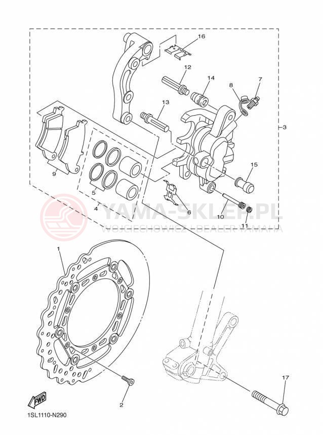 Schemat "Zacisk hamulcowy + tarcza przód" do Yamaha YZ250F YZ250FFW/YZ250FFL