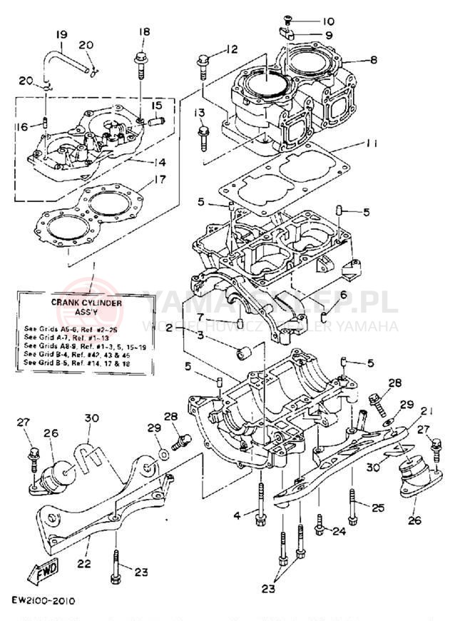 Schemat "cylinder, obudowa silnika" do Yamaha SUPER JET SJ650Q