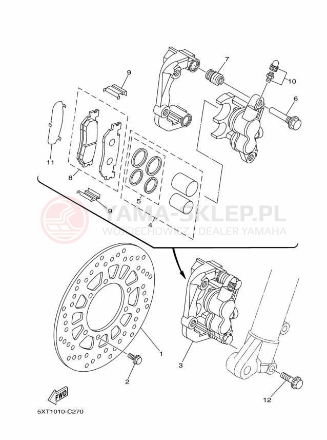 Schemat "Zacisk hamulcowy + tarcza przód" do Yamaha XT250 XT250F/XT250FC