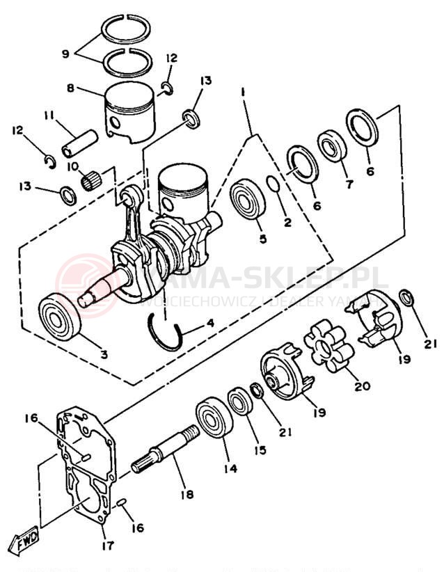 Schemat "Wał korbowy, tłok" do Yamaha WAVE JAMMER WJ500G