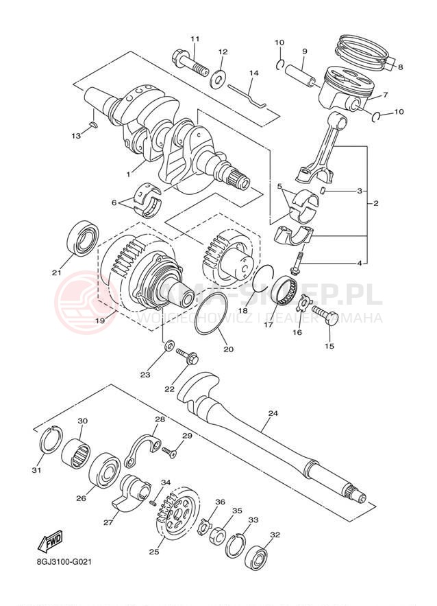 Schemat "Wał korbowy, tłok" do Yamaha PHAZER GT PZ50GTZB