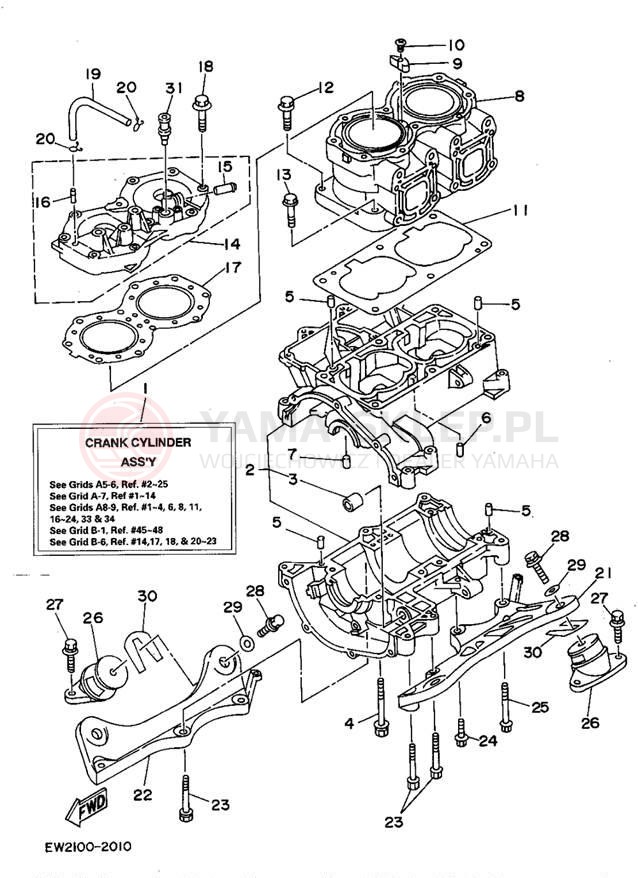 Schemat "cylinder, obudowa silnika" do Yamaha SUPER JET SJ700S