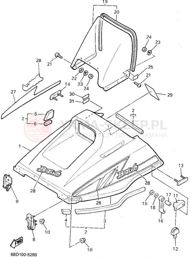 Schemat "SHROUD - WINDSHIELD" do Yamaha BRAVO LT BR250TV