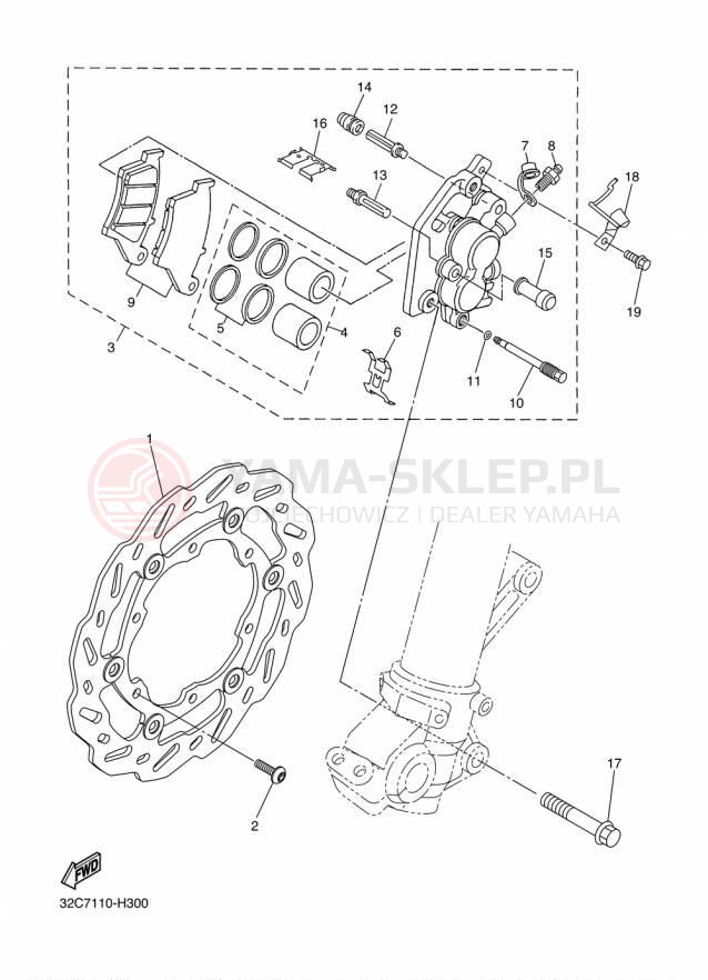 Schemat "Zacisk hamulcowy + tarcza przód" do Yamaha WR250R WR25RF/WR25RFC