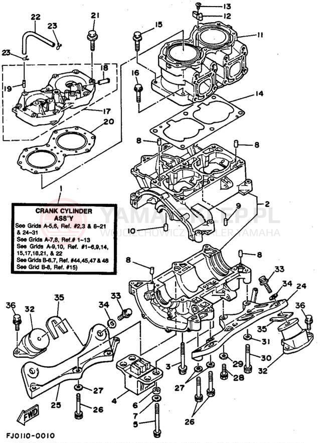 Schemat "cylinder, obudowa silnika" do Yamaha WAVE RUNNER III WRA650P
