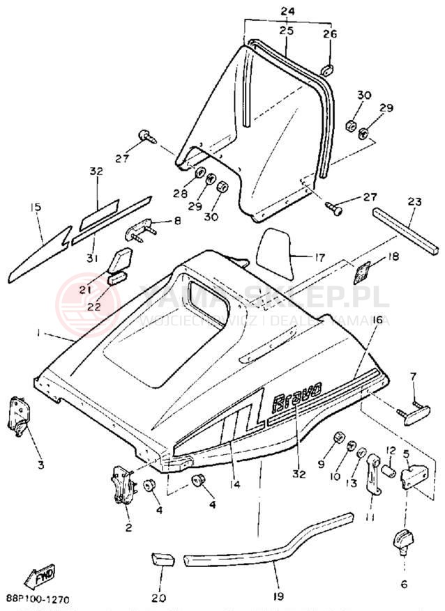Schemat "SHROUD - WINDSHIELD" do Yamaha BRAVO T (LONG TRACK) BR250TS