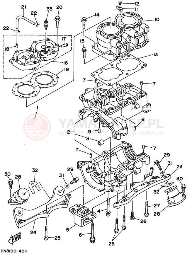 Schemat "cylinder, obudowa silnika" do Yamaha WAVE RUNNER VXR WRB650T
