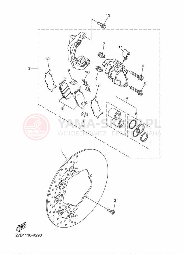 Schemat "Zacisk hamulcowy + tarcza przód" do Yamaha STRYKER XVS13CFCR/XVS13CFR