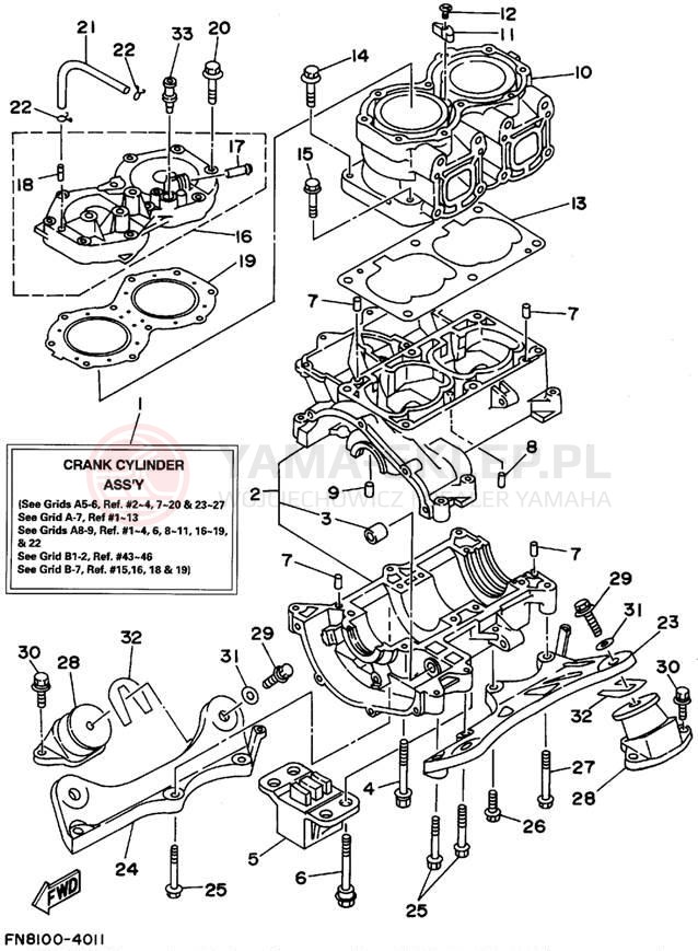 Schemat "cylinder, obudowa silnika" do Yamaha WAVE RUNNER III WRA650T