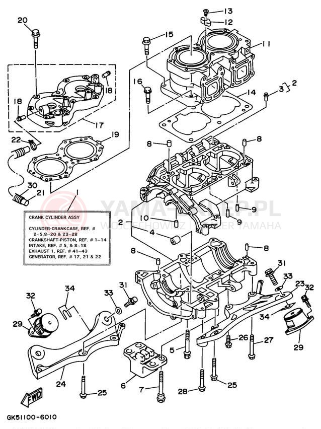 Schemat "cylinder, obudowa silnika" do Yamaha WAVE BLASTER II WB760U