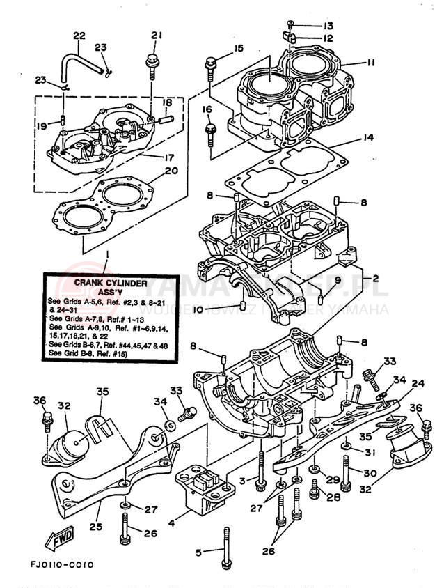 Schemat "cylinder, obudowa silnika" do Yamaha WAVE RUNNER III WRA650Q