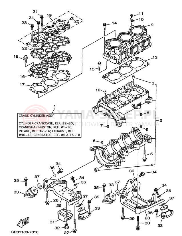 Schemat "cylinder, obudowa silnika" do Yamaha WAVE RUNNER GP1200 GP1200V