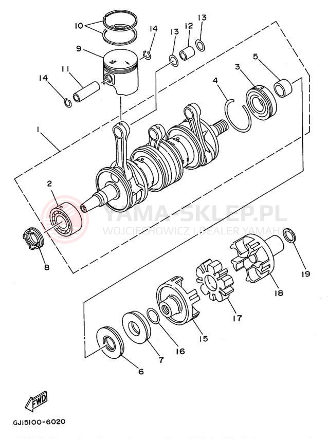 Schemat "Wał korbowy, tłok" do Yamaha WAVE RAIDER 1100 RA1100U