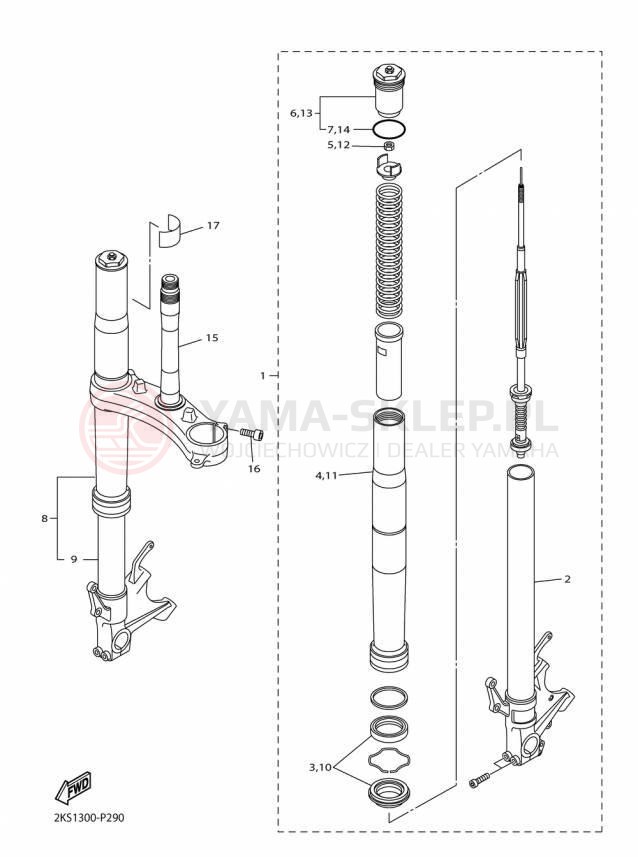 Schemat "Amortyzatory przód" do Yamaha YZFR1M YZFR1MF/YZFR1MFC