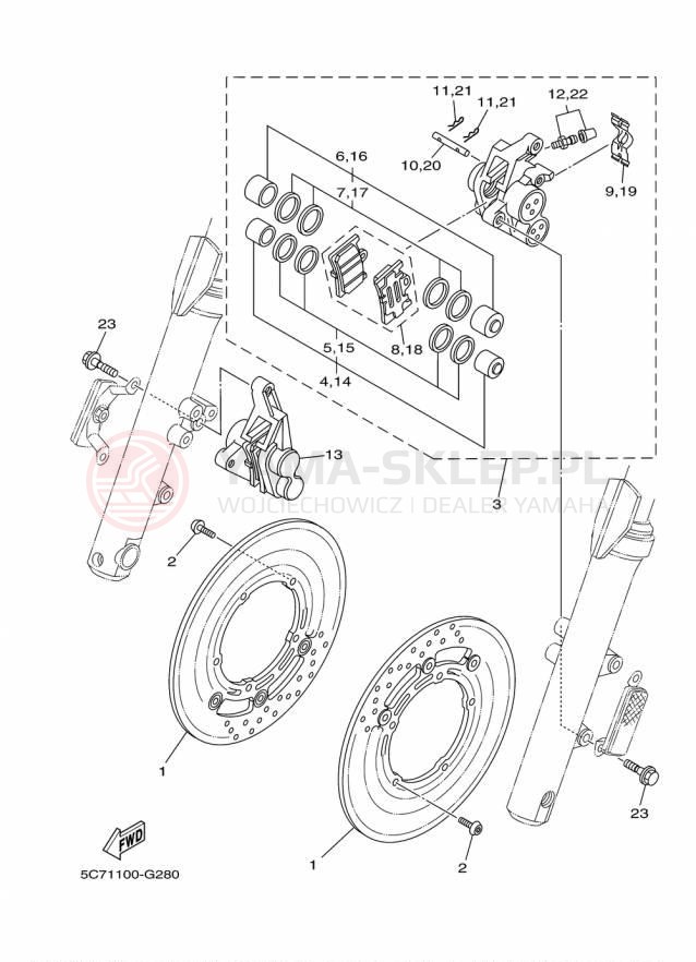 Schemat "Zacisk hamulcowy + tarcza przód" do Yamaha RAIDER S XV19CSFCR/XV19CSFR