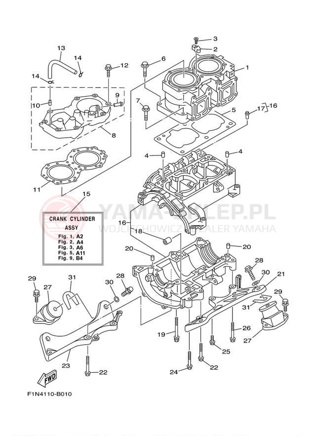Schemat "cylinder, obudowa silnika" do Yamaha SUPER JET SJ700BB