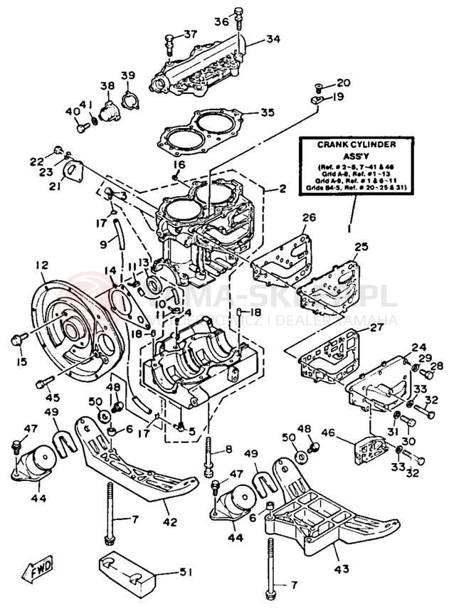 Schemat "Obudowa silnika - cylinder" do Yamaha WAVE JAMMER WJ500G