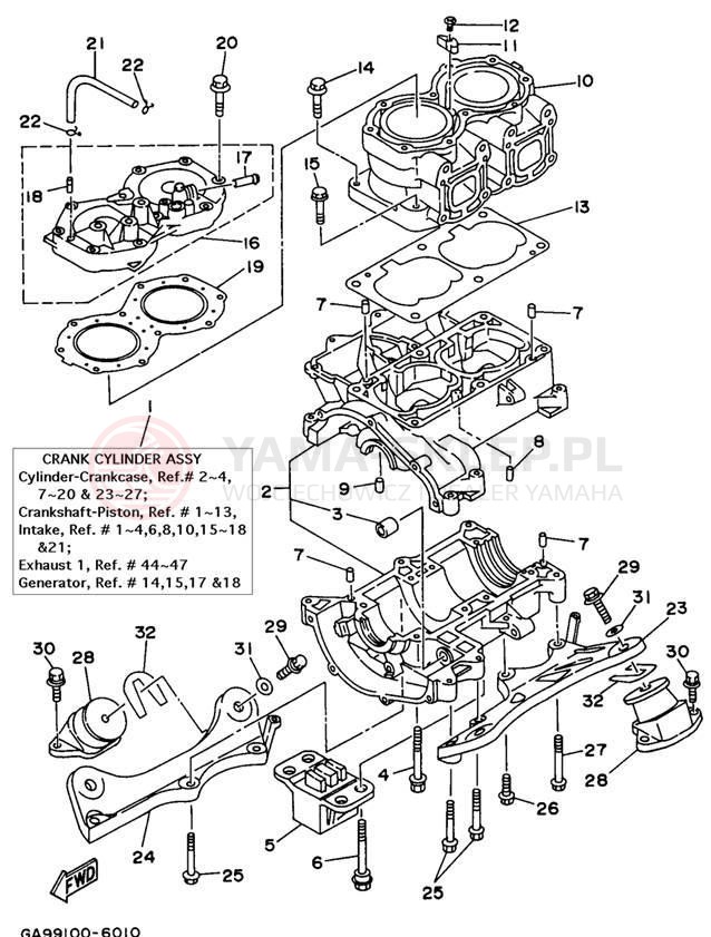 Schemat "cylinder, obudowa silnika" do Yamaha WAVE RUNNER III WRA650U