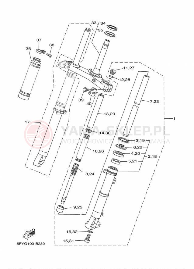 Schemat "Amortyzatory przód" do Yamaha TW200 TW200F1/TW200F1C
