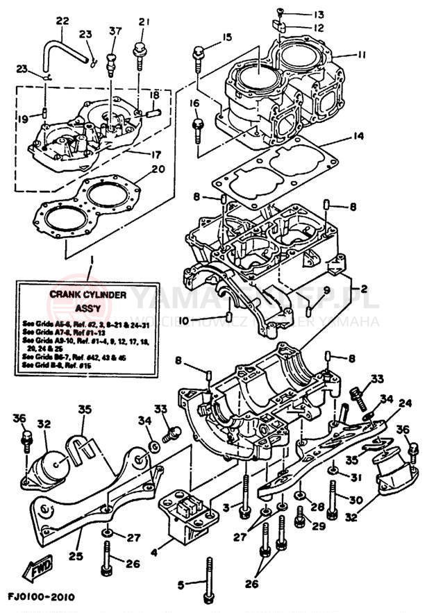 Schemat "cylinder, obudowa silnika" do Yamaha WAVE RUNNER III WRA650R