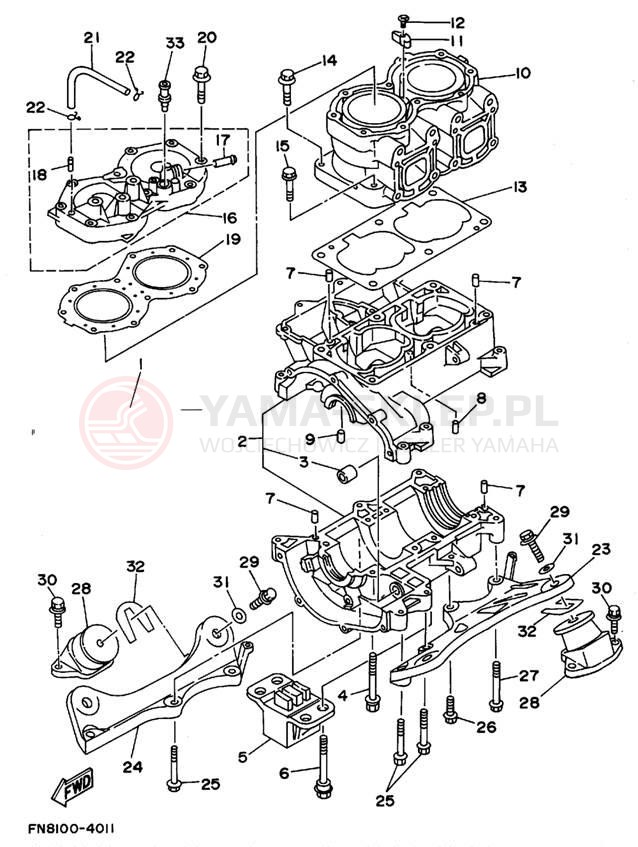 Schemat "cylinder, obudowa silnika" do Yamaha WAVE RUNNER III GP WRA700T